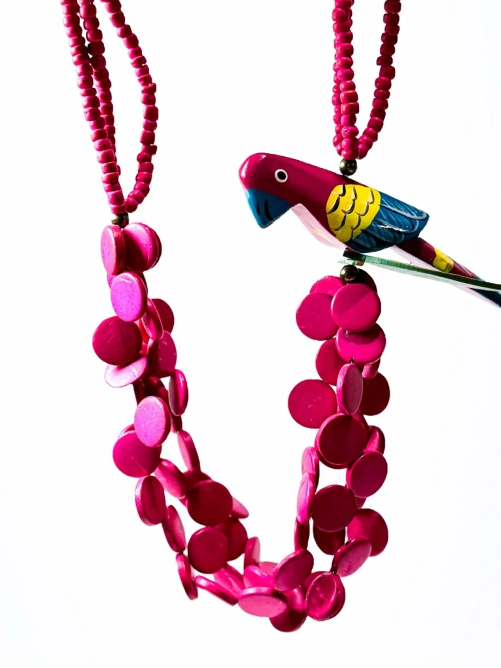 💕2/$30 Vintage Hand Painted Wooden Parrot Necklace Hot Pink Tropical Statement - Picture 5 of 8